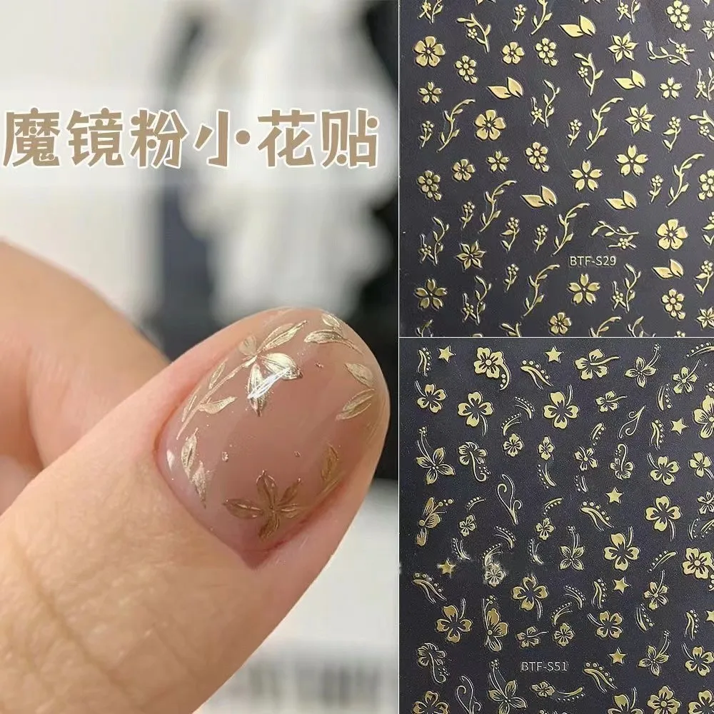 

3D-наклейки для ногтей с золотой фольгой, зеркальной пудрой, геометрическим и цветочным узором в японском стиле, водостойкие, для маникюра своими руками