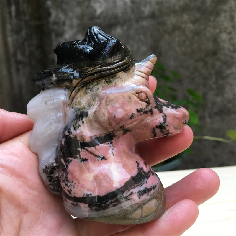 1pc 82mm Natural Quartz Rhodonite Crystal Carving Unicorn Rosy Stone Gemstone Minerals Sculpture Decoration Kawaii Cute Gifts