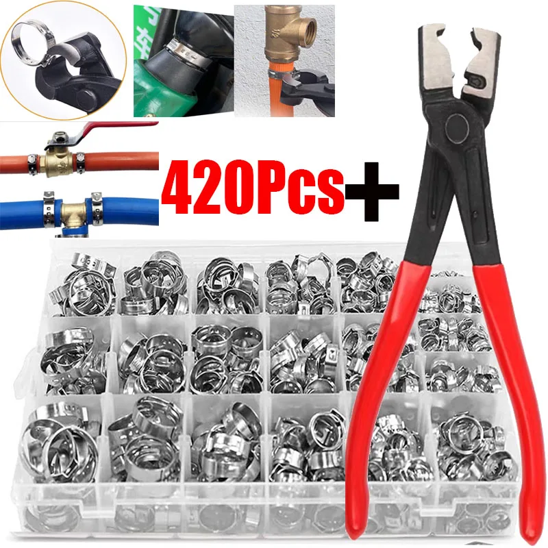 420pcs single ear no step fuel hose clamp ring/pliers optional/combination box 7-21mm stainless steel fixture tightening ring