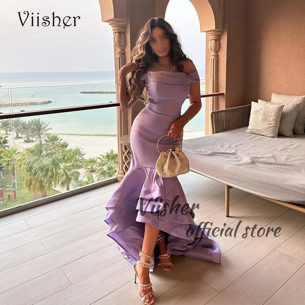 

Viisher Lavender Mermaid Evening Dresses Off Shoulder Tiered Satin Dubai Prom Party Dress Sexy Tight Long Arabic Formal Gowns