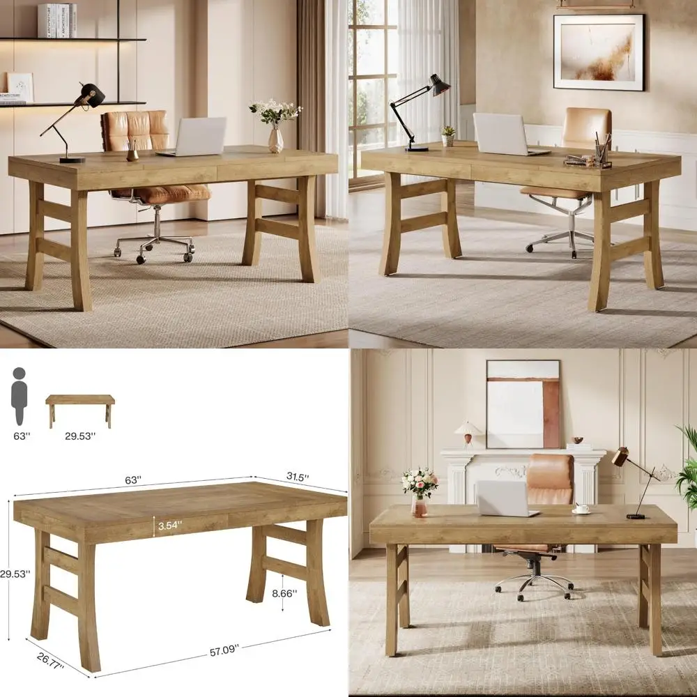 مكتب تنفيذي كبير مقاس 63 بوصة، محطة عمل كمبيوتر متينة الساق، طاولة كتابة على طراز المزرعة لبيئة العمل #1