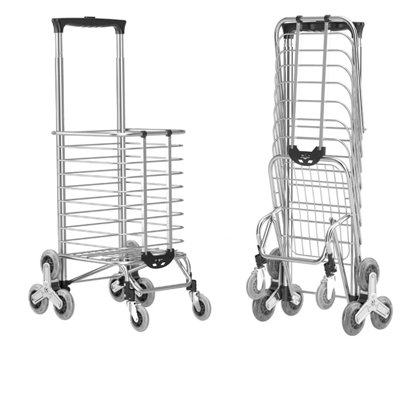 Grocery Cart Folding Portable Shopping Aluminum Alloy Lightweight Step Climbing Trolley with Telescopic Rod 35L Big Capacity