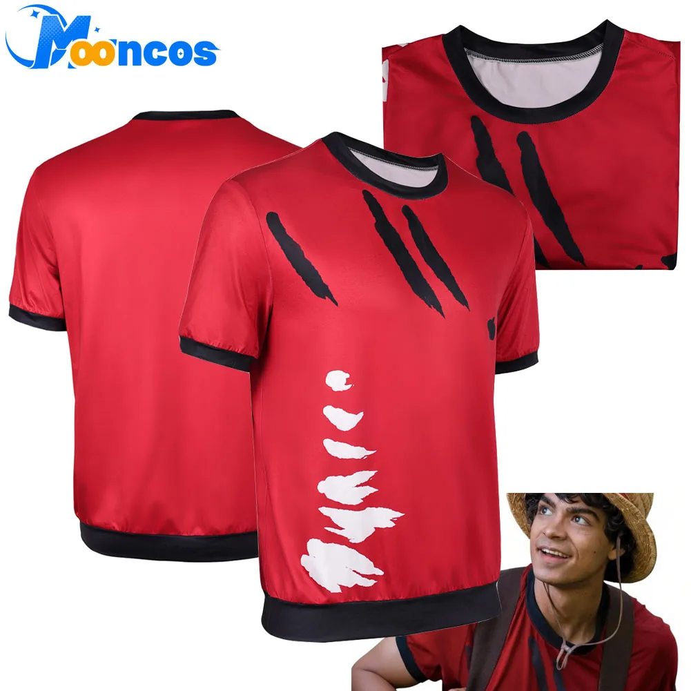 Costume de cosplay Luffy pour homme, T-shirt rouge fantaisie, vêtements de jeu de rôle inspirés du film, hauts pour homme adulte, tenue de fête d'Halloween et de carnaval
