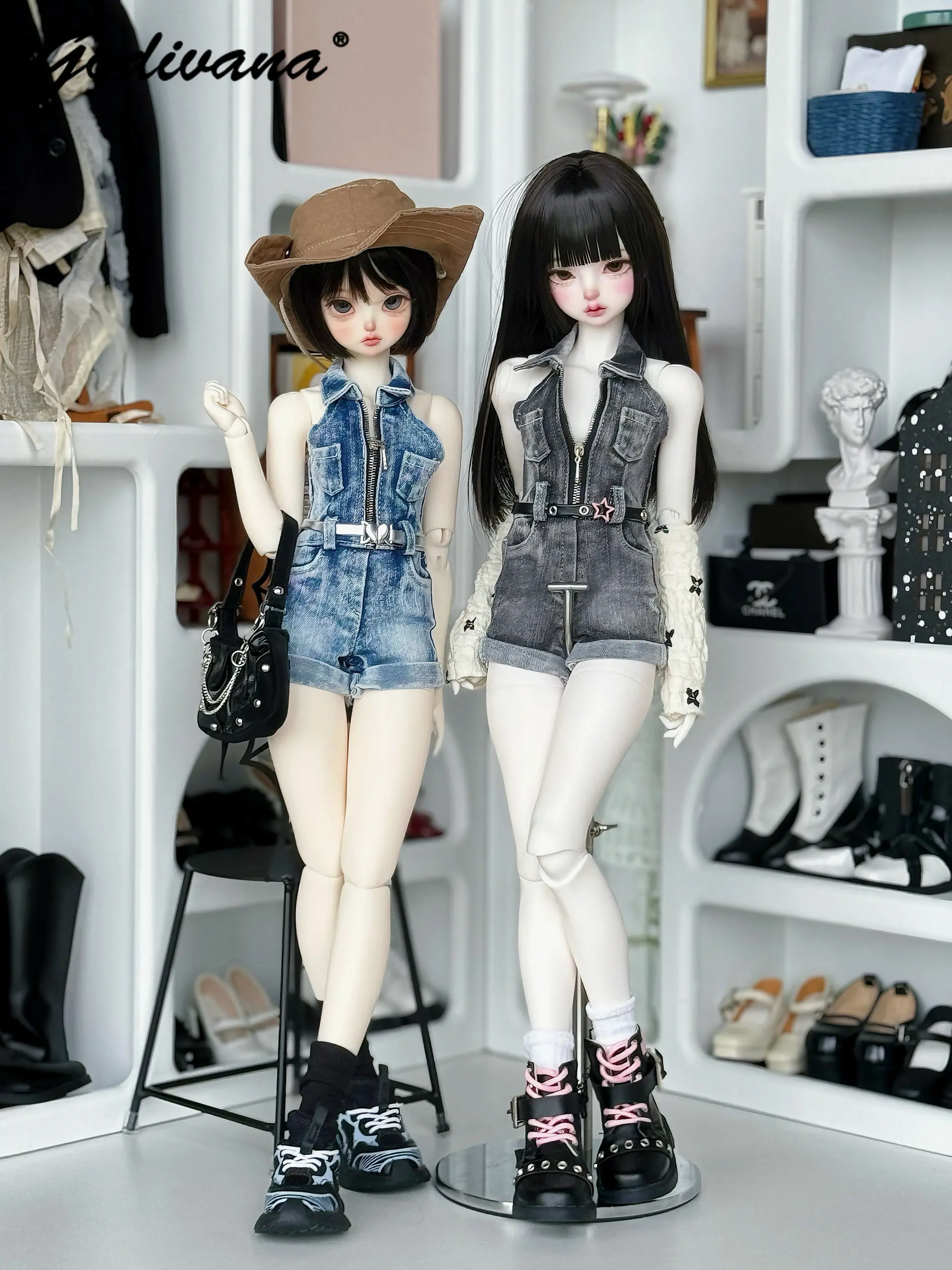 BJD 1/4 Clothes Cool Streetwear Y2K Hot Girl One-piece Denim Shorts Washed Elastic Vintage Neck Hanging Jumpsuit Doll Clothes