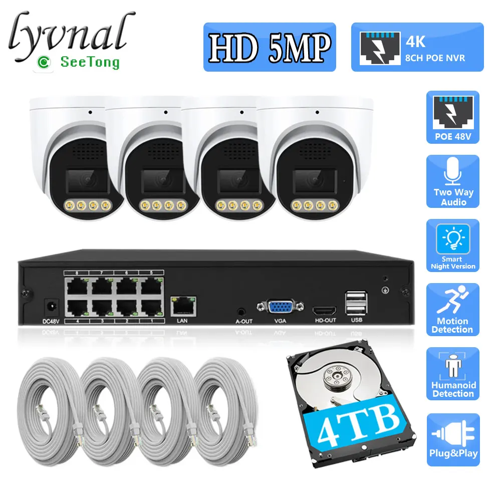 HD 5MP Security IP Camera Dome PoE System Color Night Vision Surveillance 4K 8CH POE Video Recorder NVR Kit Two Way Audio