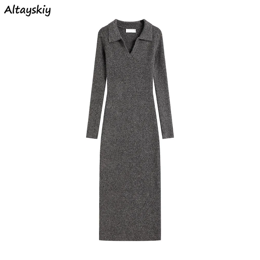 Knitted Dress Women Korean Style Autumn Winter Long Sleeve Casual Maxi Vestidos Bodycon Female All-match Warm Tender Basic Chic