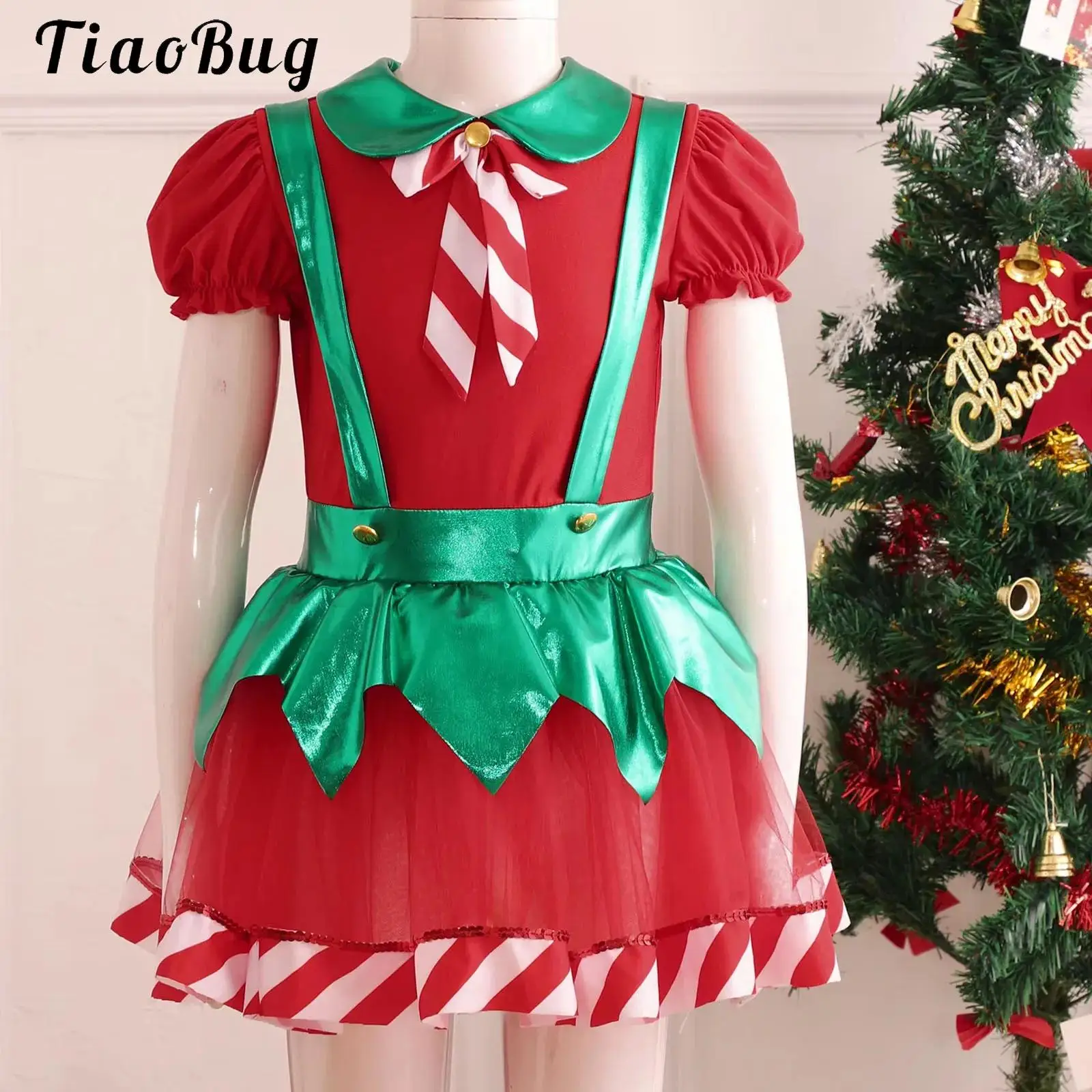 

Kids Girls Miss Santa Claus Elf Christmas Dress Bow Stripes Suspender Tutu Dance Dress Holiday Party Xmas Ballet Dance Costume