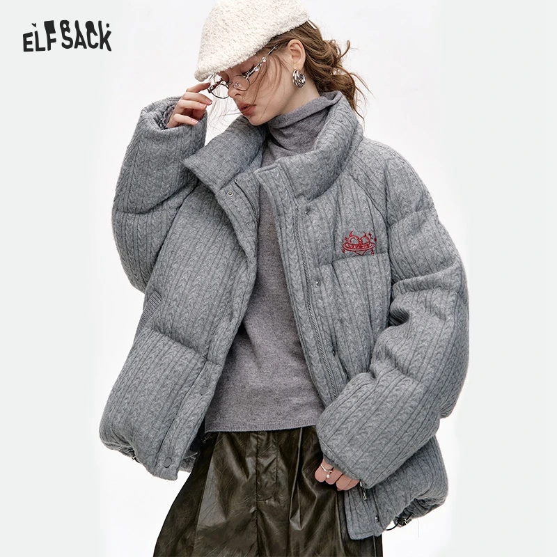 ELFSACK 2024 Winter New Arrivals Grey Stand Collar Knitted Warm Short Down Jacket for Women