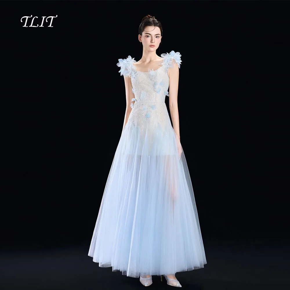

TLIT Fairy Blue Appliques Flowers Evening Dress Saudi Arabic Women Formal Party Gown Spaghetti Strap High Split customized Dress