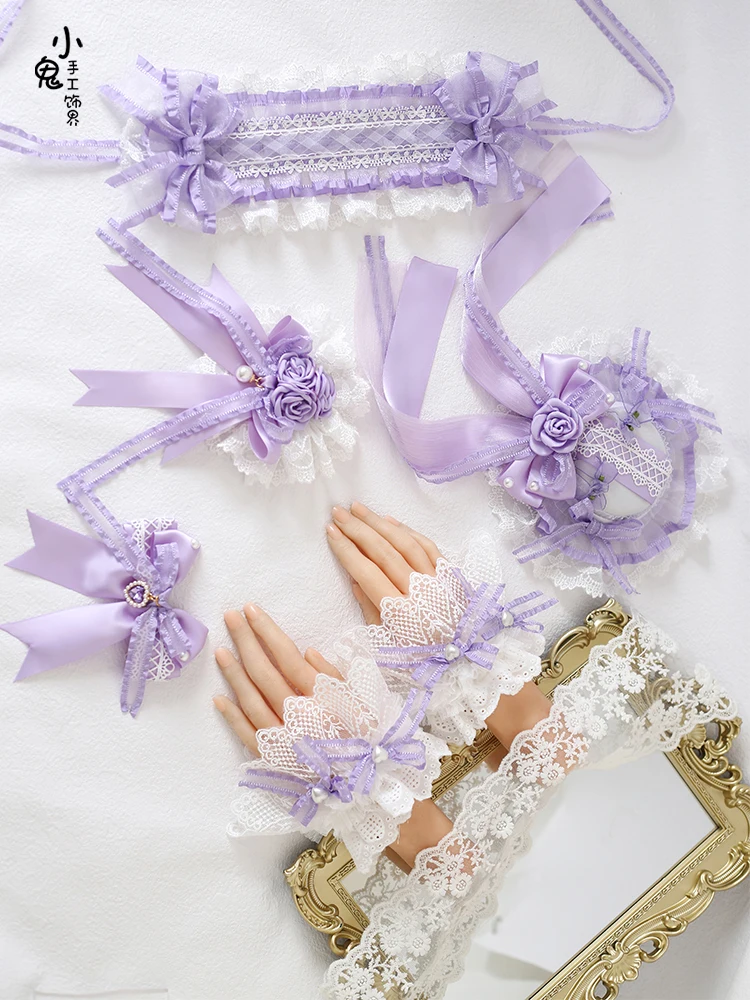 

Original Lolita Strawberry Light Purple Mood Limited Hair Band Lace Bow KC Flower Ball Hair Accessories Headdress