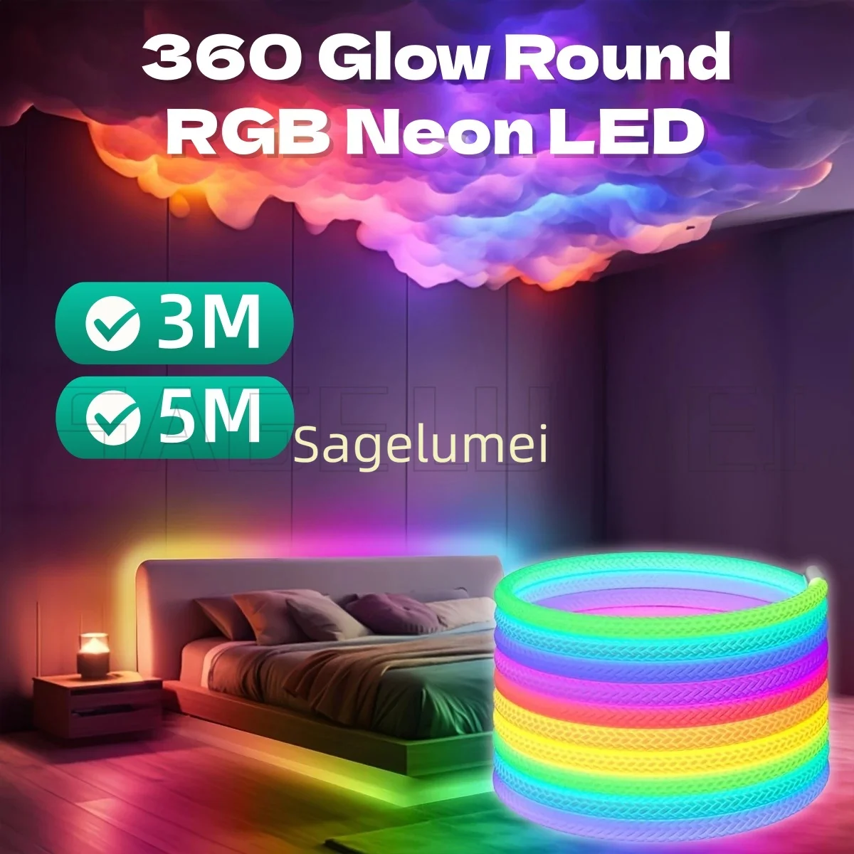 360 توهج جولة RGB النيون LED المنسوجة قطاع ضوء بلوتوث APP التحكم عن بعد 5 فولت USB WS2812B الموسيقى مزامنة حبل مقاوم للماء ديكور