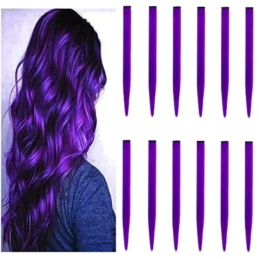 

12 PCS Colorful Hair Extensions for Parties, Synthetic 22-inch Clip-in Highlights in Multi-color for Girls, Women, Halloween Ha