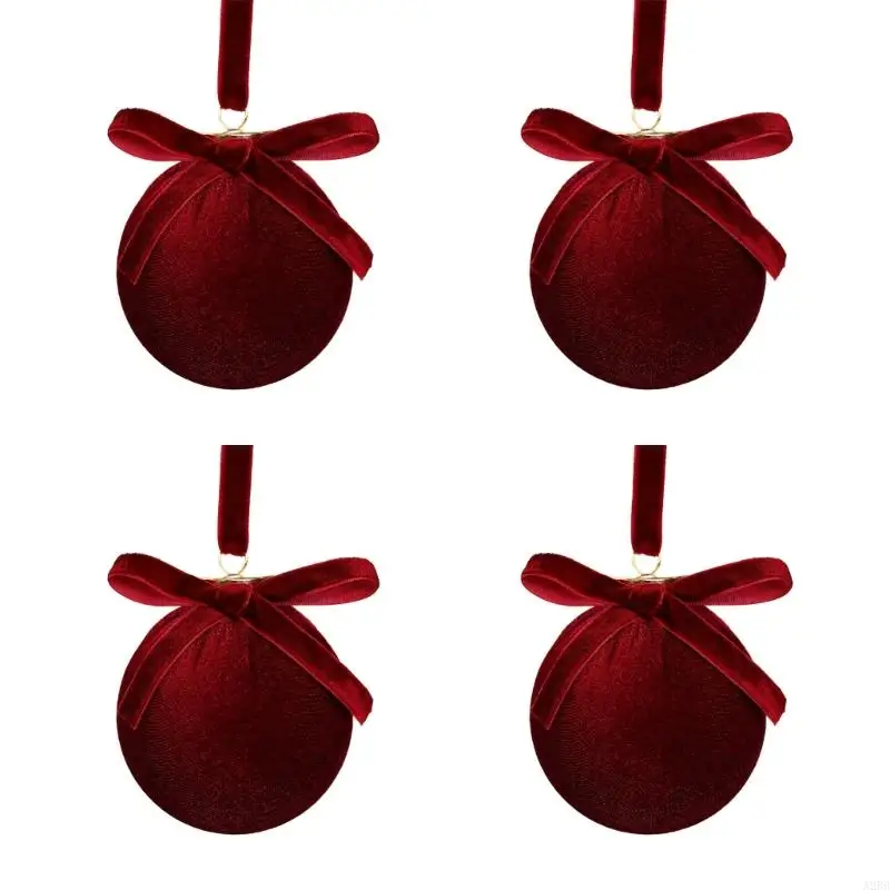 Christmas Bauble Set of 4 with Ribbon Detail, Soft Fabric Finish and Metal Loop for Tree, Wreath and Indoor Display A2BB