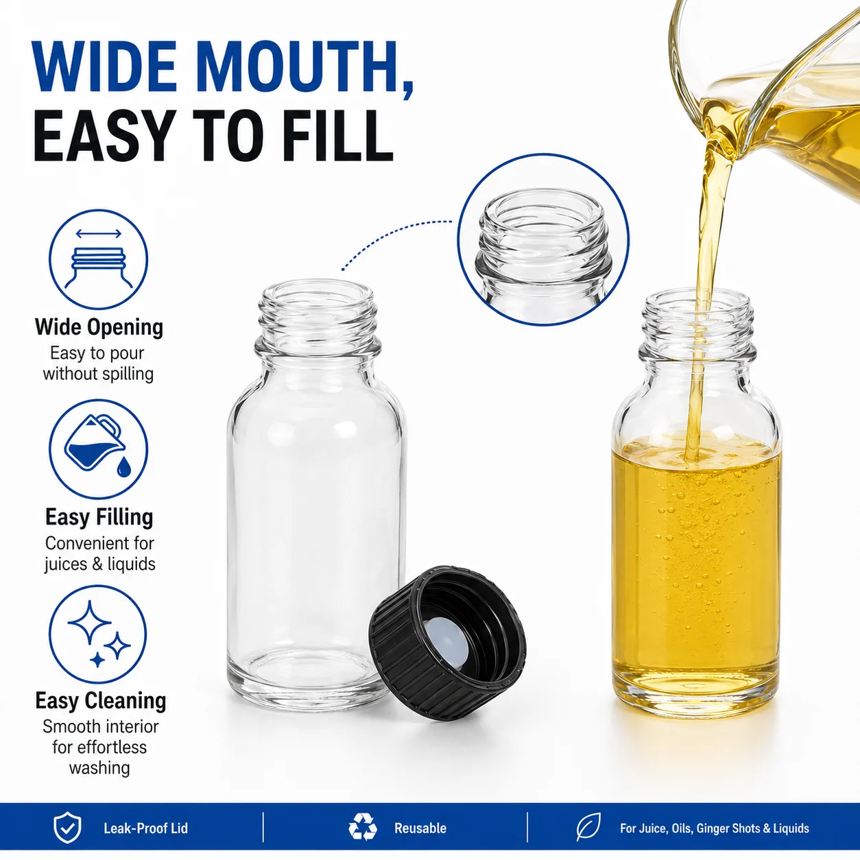 6PCS Small Clear Glass Bottles With Lids Glass Containers Round Sample Bottles For Juice, Oils, Ginger Shots, Whiskey, Liquids
