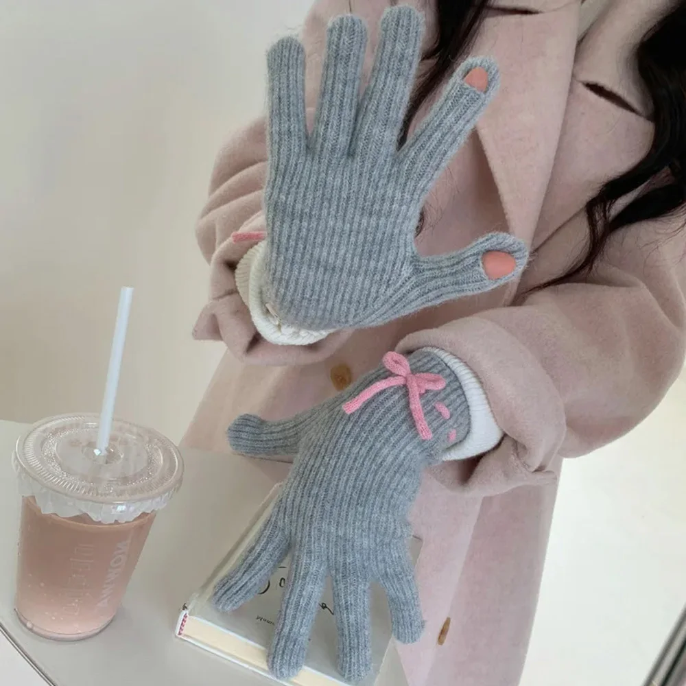 Korean Bow Knitted Gloves Thicken Warm Winter Full Finger Mittens Fashiojn Bowknot Trendy Touch Screen Women Men Cute Gloves