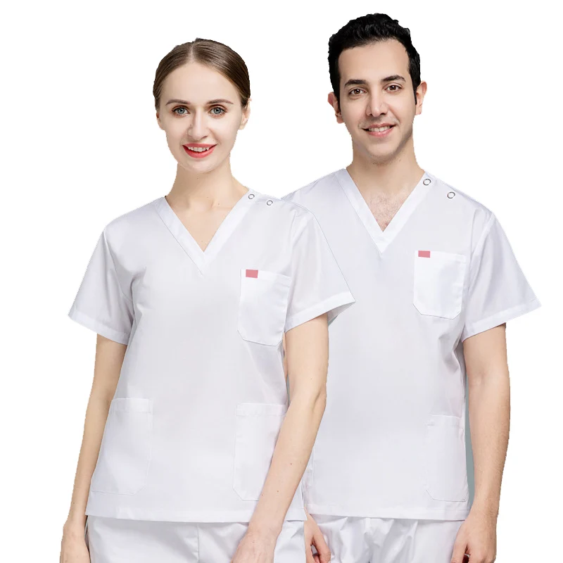 Uniformes médicos de cor branca para mulheres Conjuntos de esfrega, Tops e Calça Hospitalar, Ternos de trabalho Clínica Odontológica, Salão de beleza