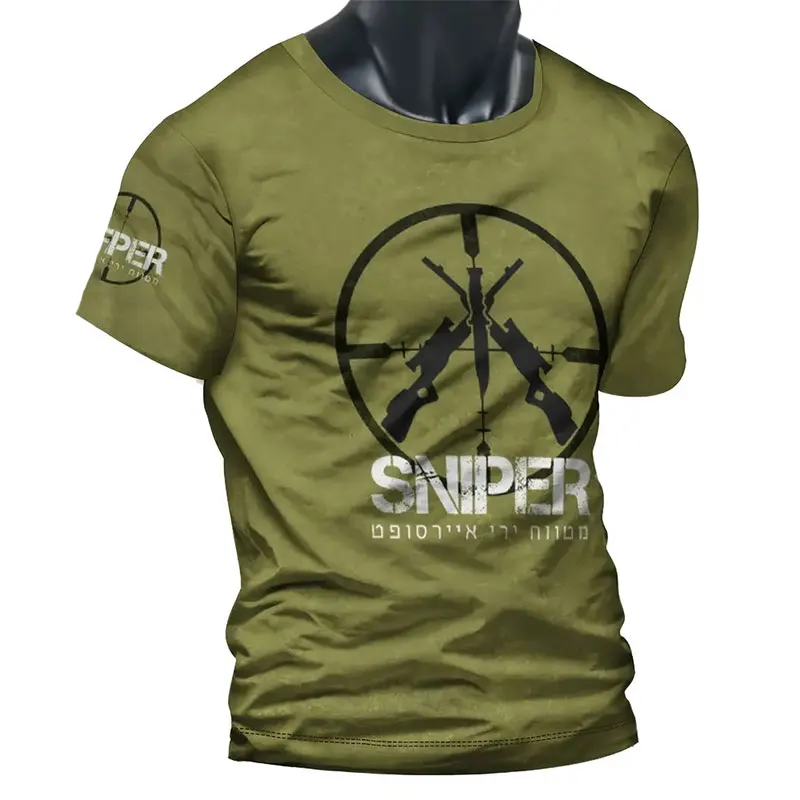 Men Military Sniper T‑Shirt Crosshair Gun Graphic Sleeve Print Short Crew Neck Tactical Tee Tops