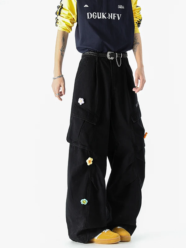 

Loose Straight Casual Pants for Men Spring American Retro Embroidered Multi-ket Workwear Trousers Youthful Energy Sle