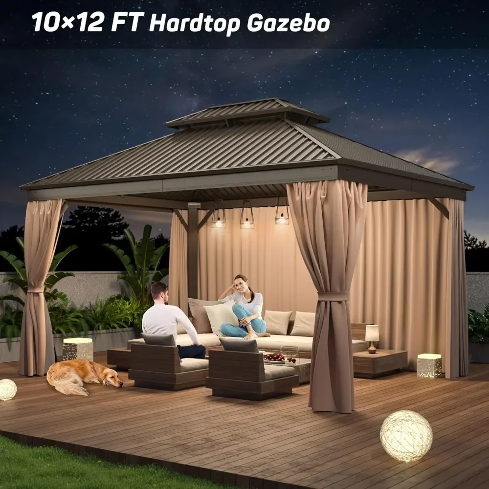 pavilion,10x12 FT Hardtop Gazebo with Aluminum Frame, Galvanized Steel Double Roof Gazebo with Nettings and Curtains A
