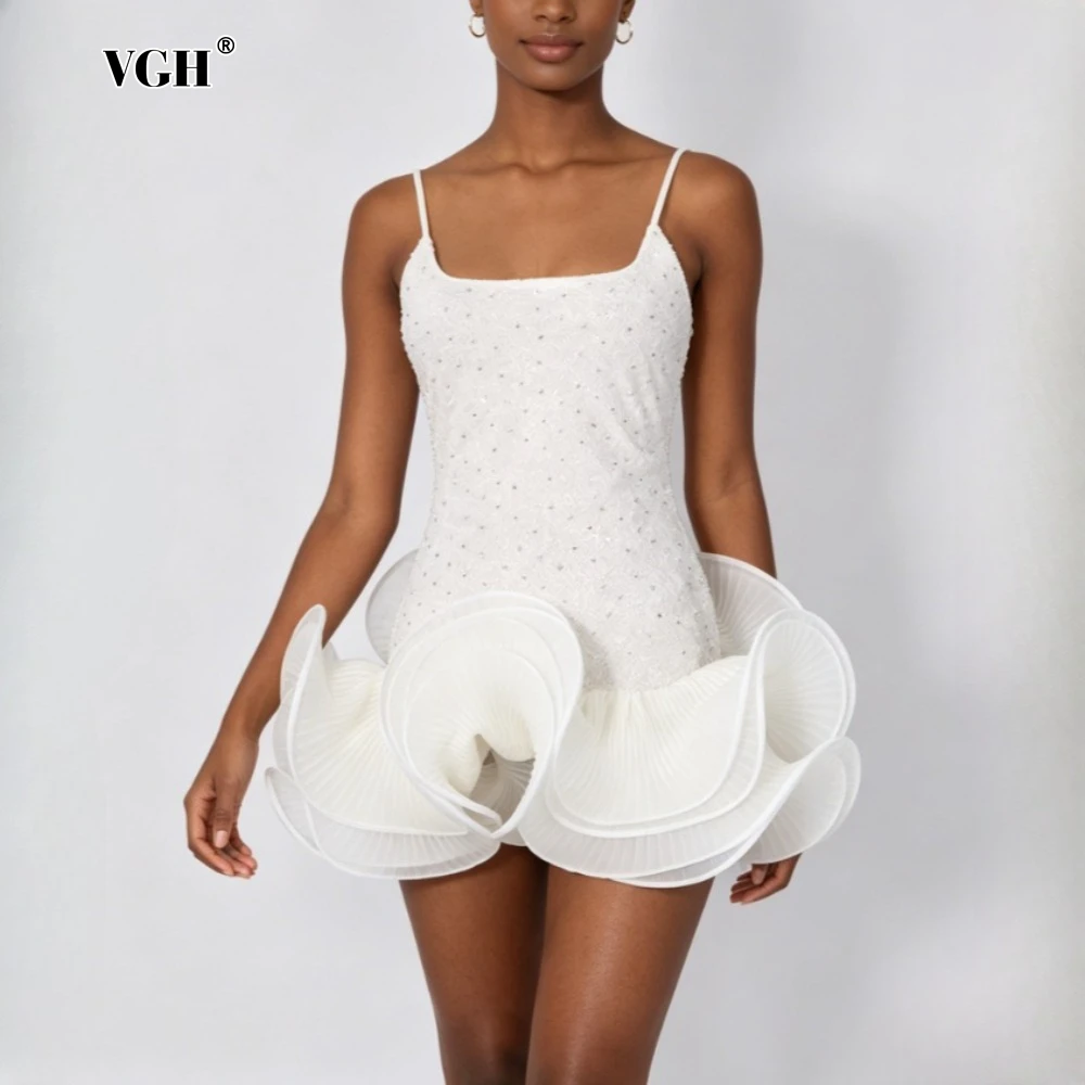 VGH Solid Loose Spliced Fungus Dresses for Women Square Collar Sleeveless Luxury Intellectual Dress Female Summer Fashion New