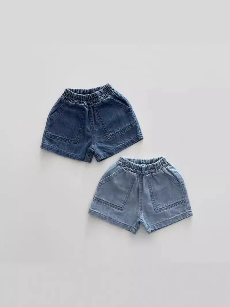 Shorts jeans de bebê com bolso grande, jeans curtos sólidos, roupas casuais versáteis, menino e menina infantil, nova moda, verão, 2022