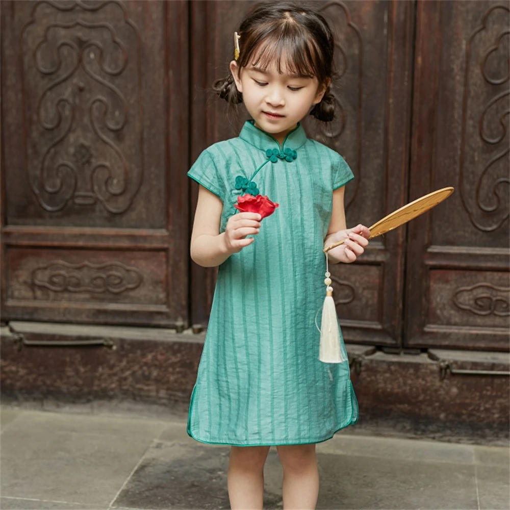 Girls Vintage Green Striped Cheongsam Short Sleeved Chinese Traditional Improved Dress Children Sweet Elegant Qipao Vestidos New