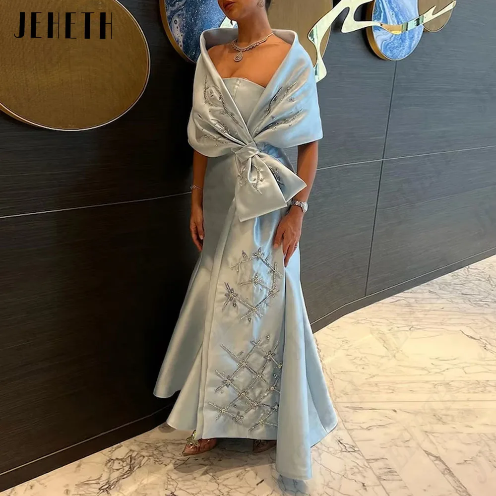 JEHETH Mermaid Satin Strapless Evening Dress For Woman Fashion Off Shoulder Sky Blue Prom Gowns Ankle Length Vestidos De Fiesta