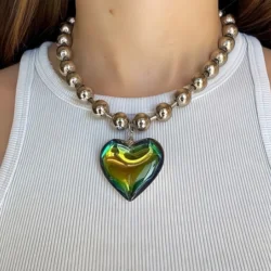 Grunge Fashion Glass Heart Pendant Necklace Y2K Oversize Ball Beads Chain Statement Choker Necklace for Women Club Punk Jewelry