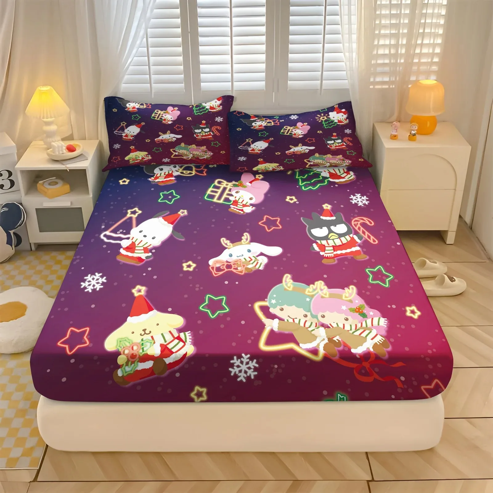 Cartoon Series Polyester Fitted Sheet 2/3pcs Queen Size,Kuromi Bed Sheets Set of Sheets 180x200 Sheet With Elastic Band 150*200