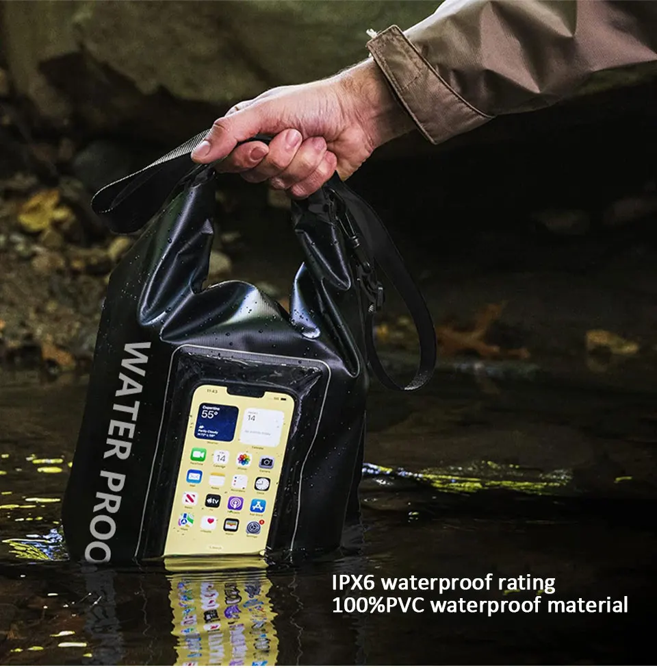 2L/5L Wasserdichte Trockentasche mit Touchscreen, Schwimmen, wasserdichte PVC-Tasche, Rafting, schwimmende Outdoor-Sporttasche, Aufbewahrungstasche für Surfbrett und Kajak – Detail 2