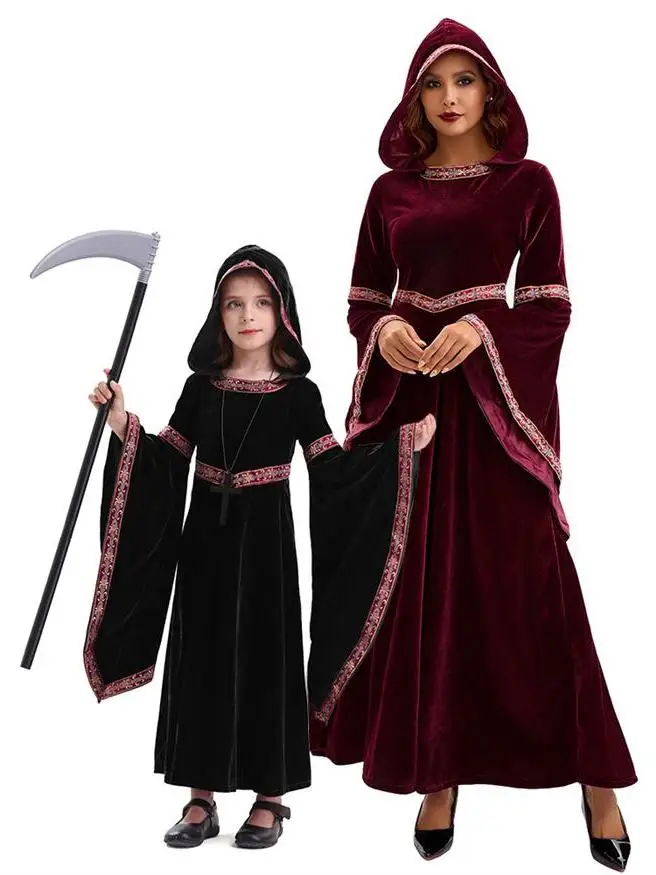 

Halloween Family Matching Performances Costume Wine Red European Medieval Style Adult Size Party Performance Clothes