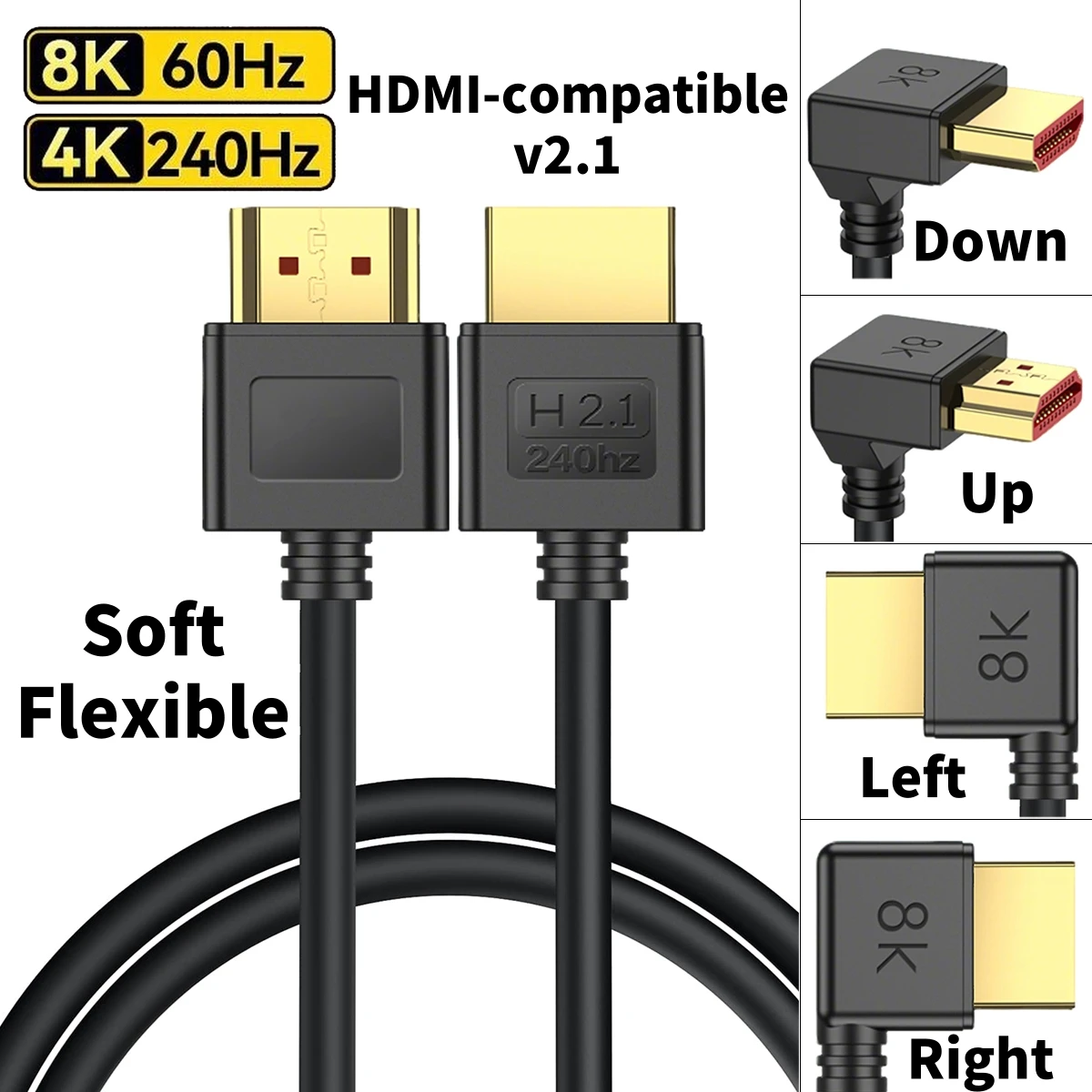 90 องศาขึ้น/ลง/ซ้าย/ขวามุม HDMI 2.1 สาย 8K60Hz 4K144Hz 2K240Hz 48Gbps ความเร็วสูงสําหรับ PC GAMING Monitor HDTV