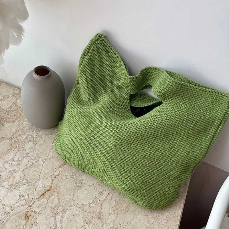 

Knitted Hollow Handbag For Women Fashion Solid Color Handle Bag Ladies Portable Tote Autumn Woven Shoulder Bag Shopping Bag