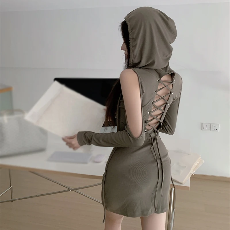 Summer Hooded Dresses Y2k Punk Hollow Out Mini Dress Women Sexy Streetwear Party Elegant Dresses