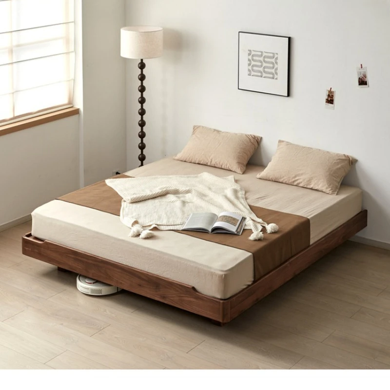 

No bedside suspended tatami Small apartment bed Walnut full solid wood frame Short