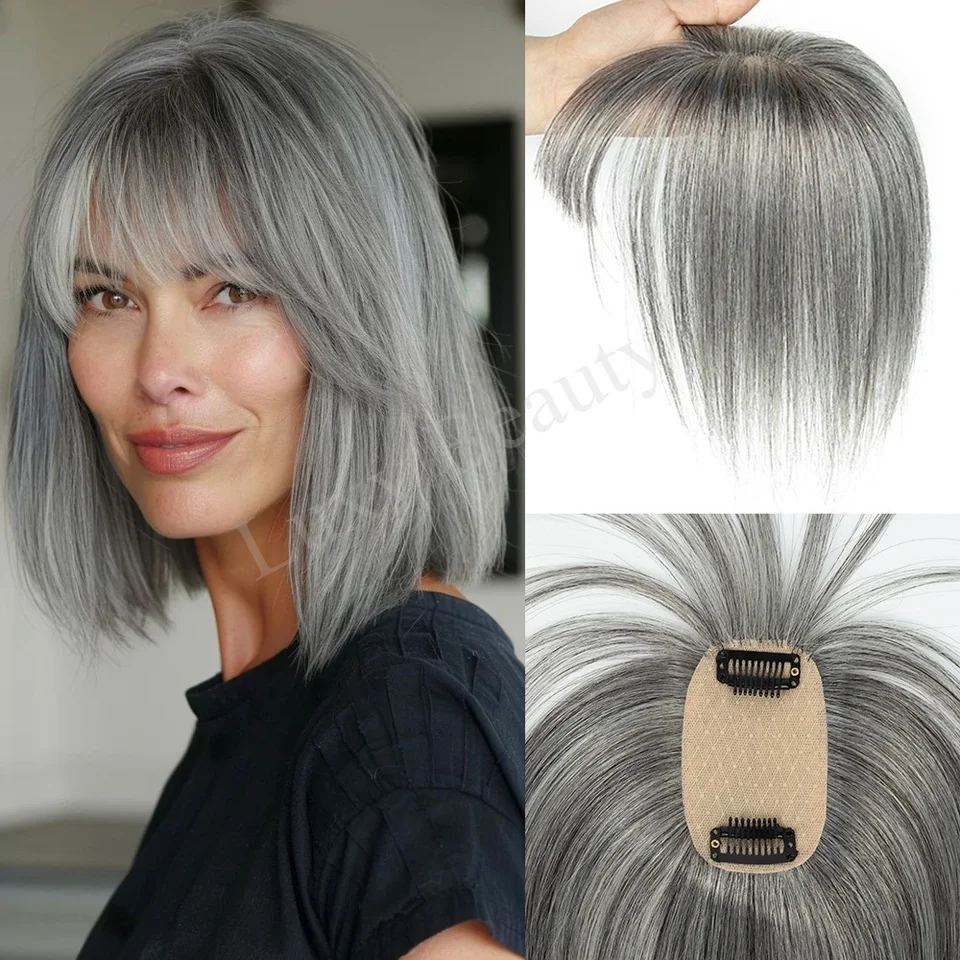 Postizo de cabello humano con flequillo para mujer de 5x9 cm, con mechas negras y rubias, cuero cabelludo de piel 3