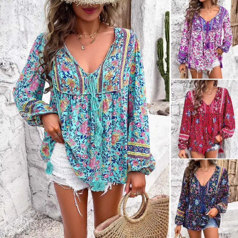 Bohemian Women Shirt Loose Blouse Long Sleeve Tees Vintage Tops Fashion Figure Streetwear Beach Vacation Female Clothing