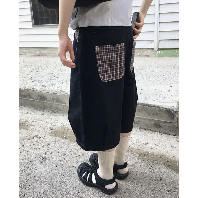 

American Retro Dongdaemun Summer Plaid Patchwork Loose Casual Women's Seven-Foot Pants Straight Leg Low Waist Zipper Fly
