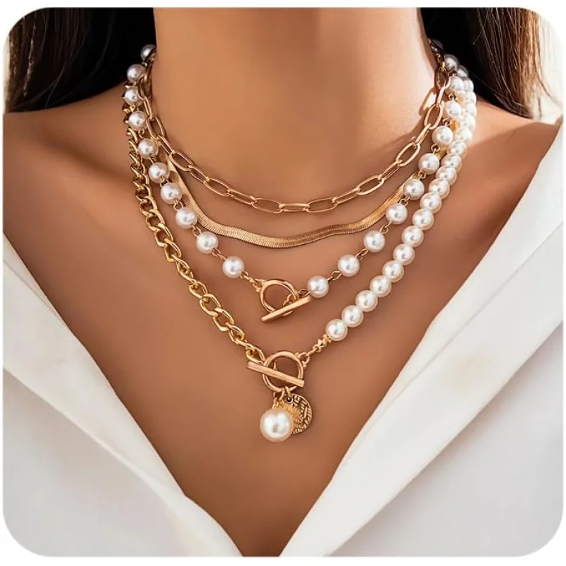 

4 PCS Layered Gold Necklace for Women Chunky Gold Necklace Stack Paperclip Chain Pearl Necklace Herringbone Choker Necklace Fash