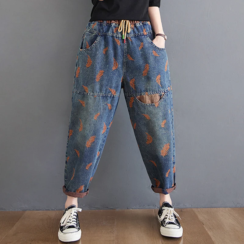 جينز عتيق مطرز بالريش بأرجل واسعة مقاس كبير سروال هارلان بخصر مطاطي للنساء بفخذ كبير تسع نقاط