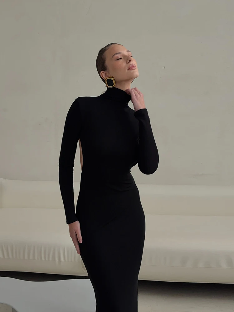이버 클래식 백리스 분할 원피스 여성 터틀넥 버튼 전체 소매 우아한 섹시한 간단한 복숭아 엉덩이 스트레치 스키니 바디 콘