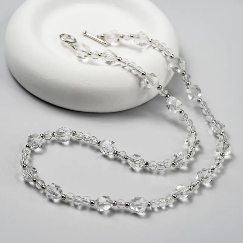 White Crystal 925 Silver Spaced Beads Strand Chokers Necklace For Women 43cm Sparkling Bead Chain Necklaces 2024 New Chic Gift