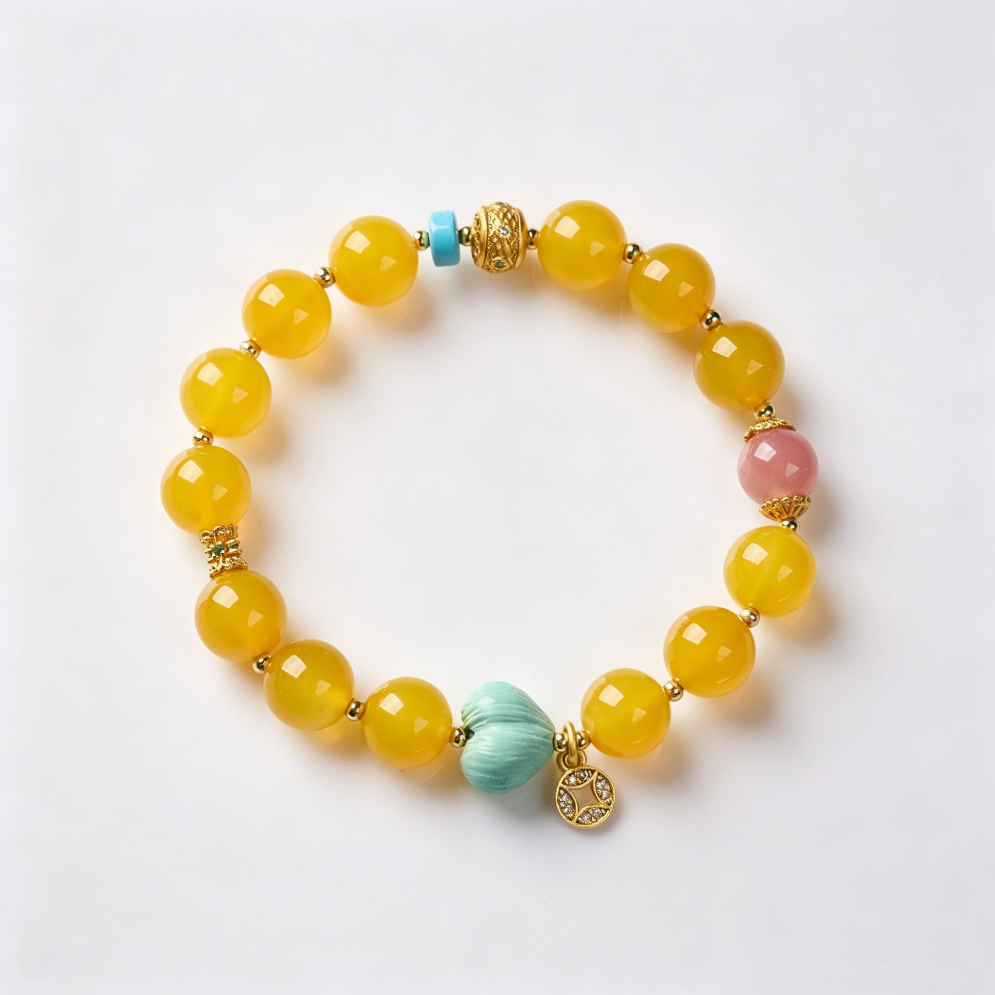 

10MM Natural Yellow Agate Beaded Bracelet for Women New Chinese Style Lucky Coin&Peach Charm Hand String Feng Shui Fine Jewelry