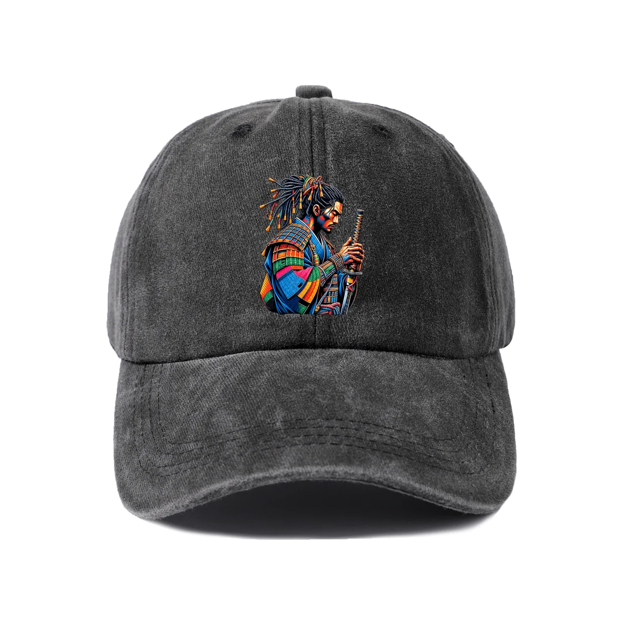 Vintage Washed Colorful Samurai Warrior Graphic Baseball Cap, Adjustable Unisex Dad Hat, Streetwear Gift