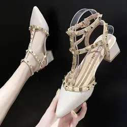 Summer 2025 Beige Ladies Shoes Square Heels Footwear Leather Rivet Sandals for Women Pointed Toe Medium on Offer Sale Luxury F H