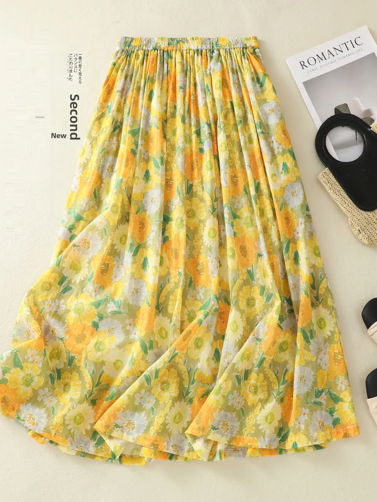 

Летняя желтая хлопково-льняная юбка с цветочным принтом, женская тонкая юбка-миди трапециевидной формы с эластичной резинкой на талии, винтажная юбка с принтом для поездок на работу