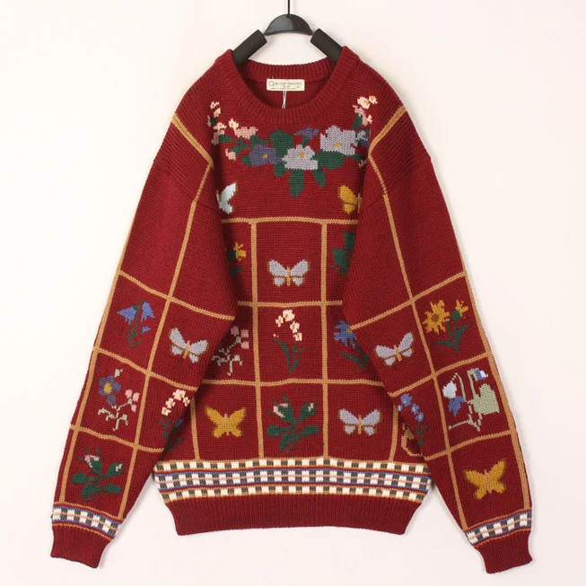 

Винтажный шерстяной свитер с цветочным узором, в японском стиле Харадзюку, теплый, свободный, с длинными рукавами, круглым вырезом, для повседневной носки