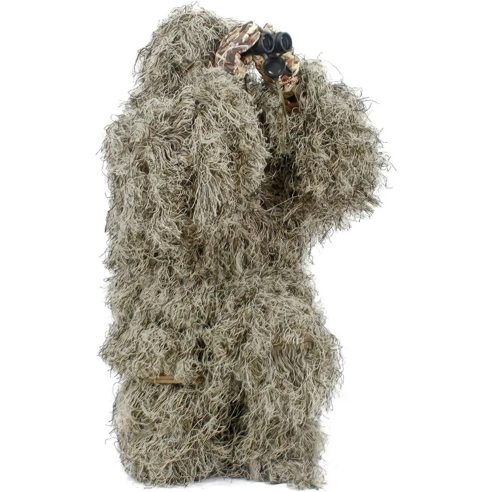 Ghillie Suit for Men Gilly Suit for Hunting Halloween Costume Airsoft Paintball Hood Rifle Wrap Included- M/L Dry Grass.