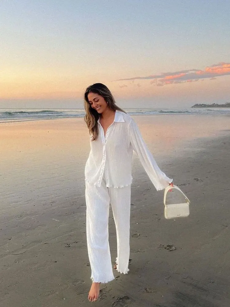 Spring Women's Shirt Pleated Two Piece Set Loose High Waist Wide Leg Pants Suit 2022 Casual Elegant Office Ladies Female Outfit