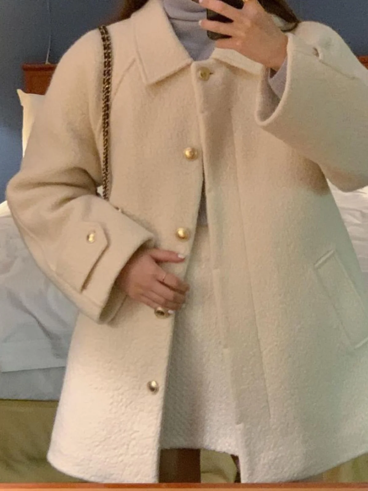 

Chic Woolen Coat Women's Gentle Aosphere Turn-down Collar Loose High-end Feeling Outerwear Korean Sle Commute Faion